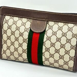 Gucci Monogram Clutch with Brown Leather Trim